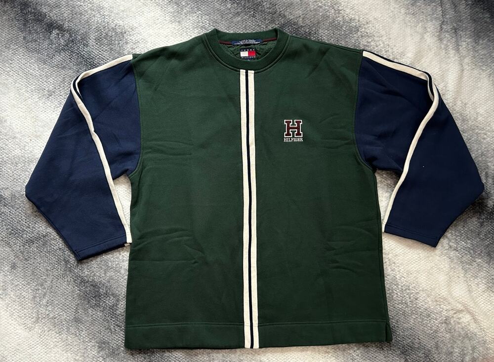 Vintage Tommy Hilfiger Crew Neck Varsity Logo Stripes Green Men Size Large